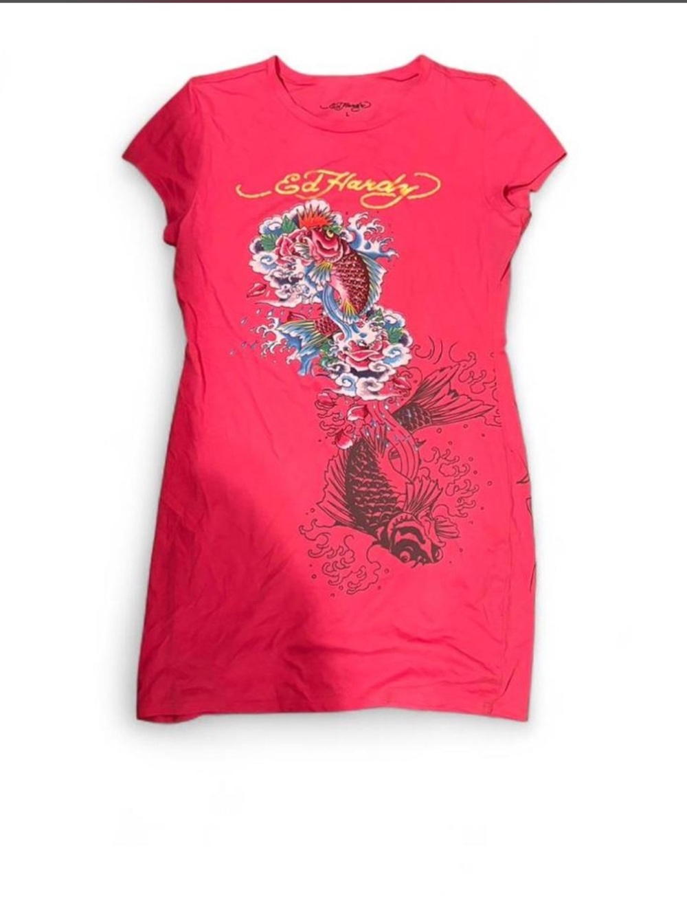Ed Hardy Hot Pink Koi Tee Dress with Multicolor Graphic